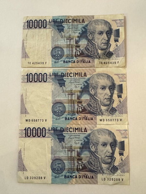 Banca d'Italia 10,000 Lira banknote used, set of 3