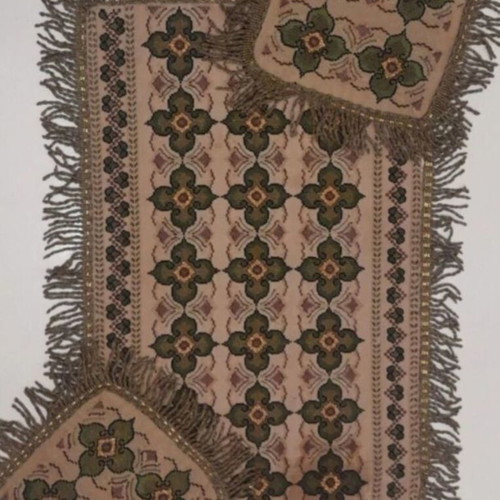 Handmade table runners used, set of three in olive and earth tones with gold details