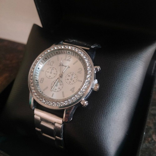Geneva women's silver watch with metal bracelet