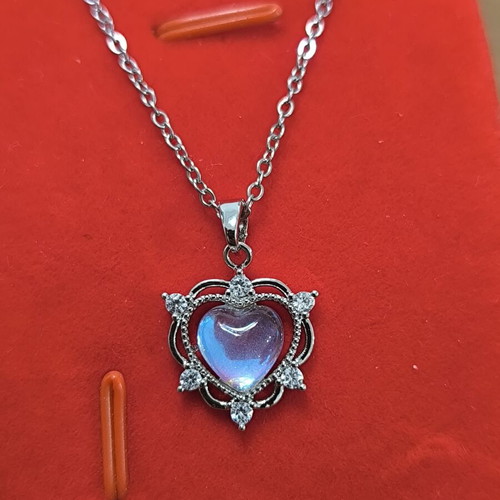 Heart Necklace with Iridescent Stone and Zircon, Stainless Steel, New