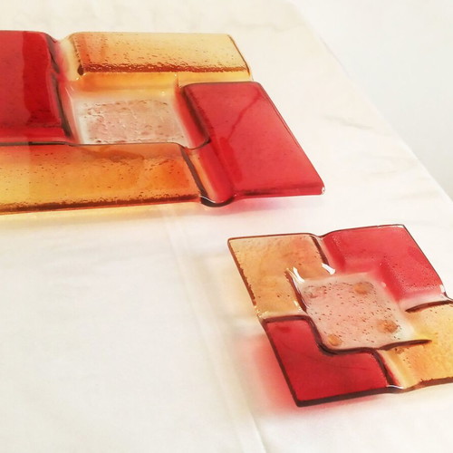 Set of red handmade ashtrays large and small made of blown glass like new