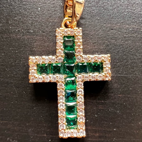 Stavros stainless steel cross with green and white stones new