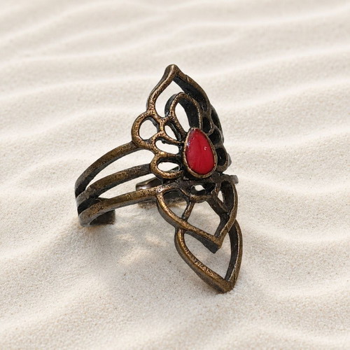 Bronze ring handmade from brass with red enamel, new