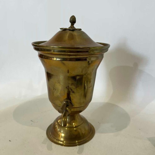 Vintage brass amphora with tap and lid, rustic decoration