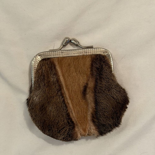 Vintage leather wallet used, natural leather and fur, brown