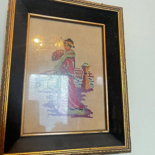 Vintage handmade embroidered frame with geisha figure
