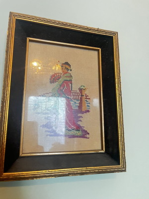 Vintage handmade embroidered frame with geisha figure