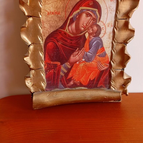 Religious icon Panagia Eleousa with handmade papyrus effect, like new