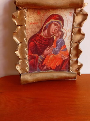 Religious icon Panagia Eleousa with handmade papyrus effect, like new