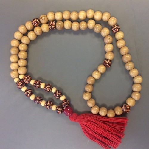 Handcrafted wooden mala with painted beads and red tassel like new