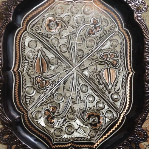 Copper decorative handmade plate with embossed oriental motifs