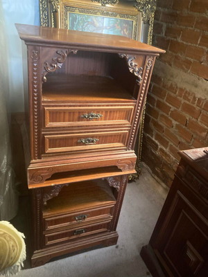 Wooden carved nightstands used, set of 2 vintage