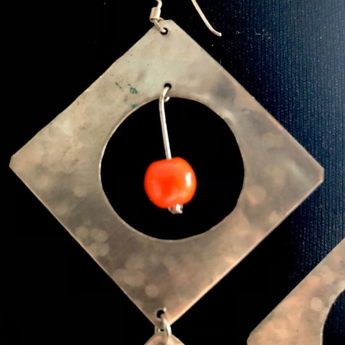 Silver earrings like new with orange stones, vintage 70s look