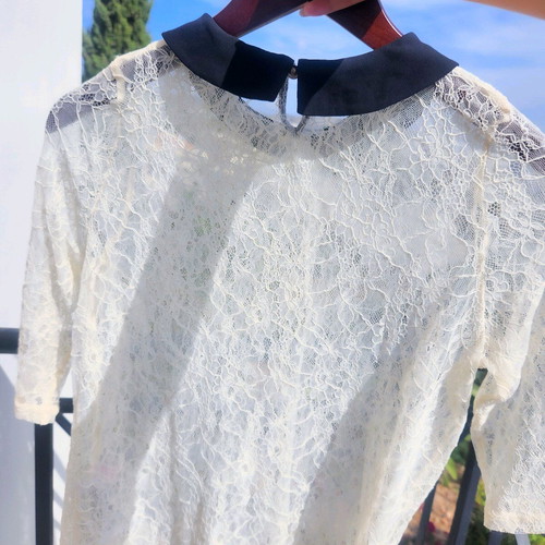 Sheer lace blouse with black Peter Pan collar like new