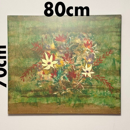 Original Painting by Giorgos Siountas Floral Composition on Green Background like new