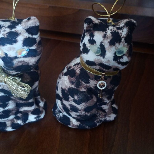 Set of Christmas handmade ornaments two leopard cats with beige and gold details like new