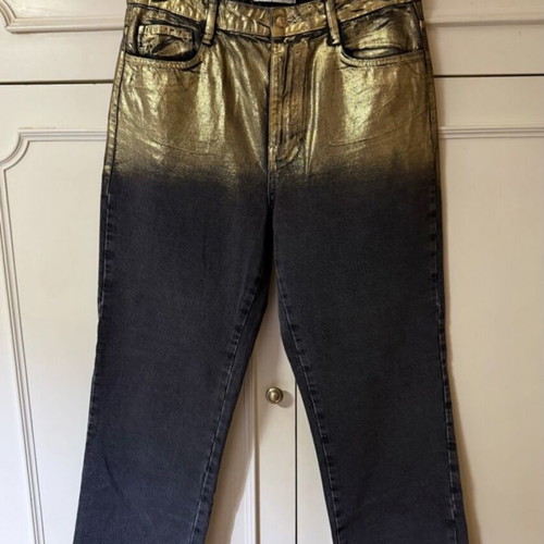 Zara high-waisted Z1975 jeans straight foil line like new, two-tone black and gold