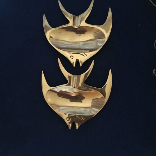Brass decorative ashtrays used, vintage fish-shaped set