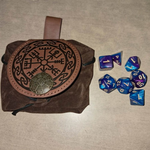Runic leather dice bag with purple blue marbled D&D dice set