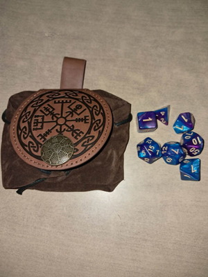 Runic leather dice bag with purple blue marbled D&D dice set