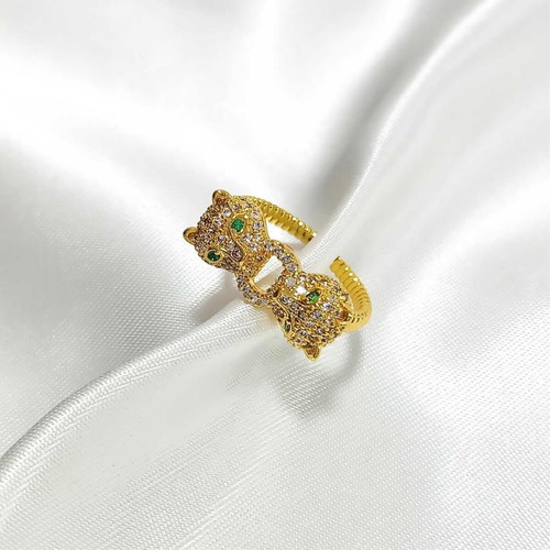 Adjustable gold-plated panther ring with zircon, new