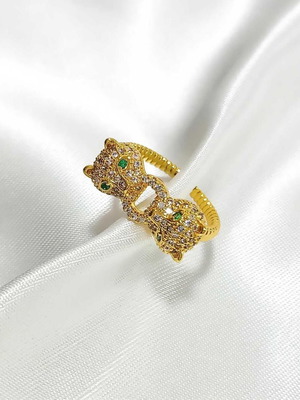 Adjustable gold-plated panther ring with zircon, new