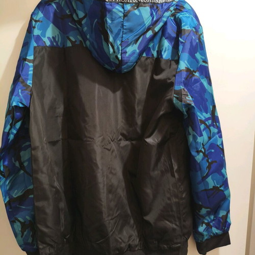 Men's windbreaker jacket with hood, blue camouflage, size M