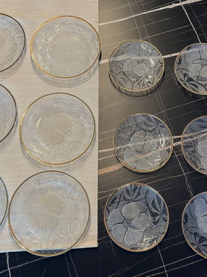 Vintage glass dessert plates set of 12 with embossed flowers and gold trim used