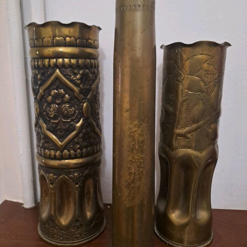 Traditional embossed brass shell casings from Epirus, folk art 1960