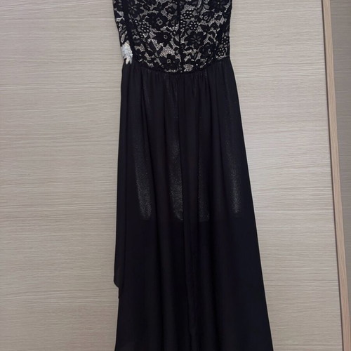Strapless dress for reception like new, asymmetrical, black with gold