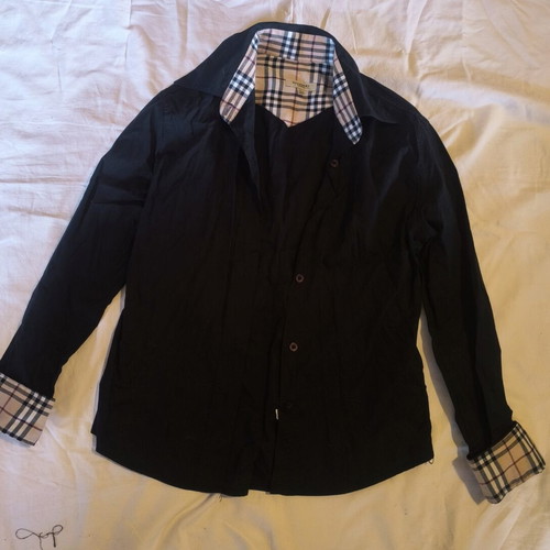 Burberry London black shirt with Nova Check collar and cuffs, size S
