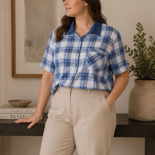 Women's short-sleeve checked shirt XL like new, 100% cotton, blue