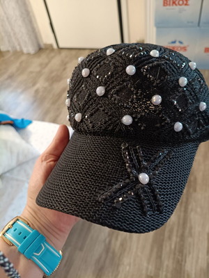 Women's black jockey hat with pearls and rhinestones