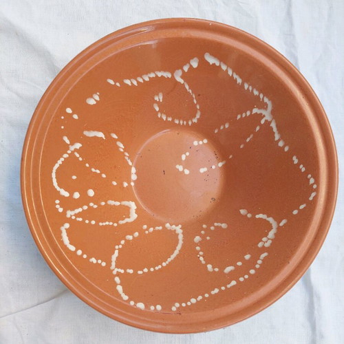 Terracotta pot like new, brown with white designs, for fruit or decoration