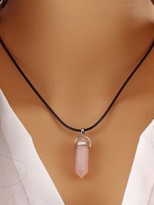 Necklace with natural rose quartz pendant new, leather chain