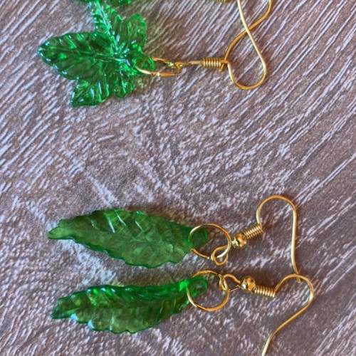 Handmade earrings set of 2 with gold tone and green leaves, made to order