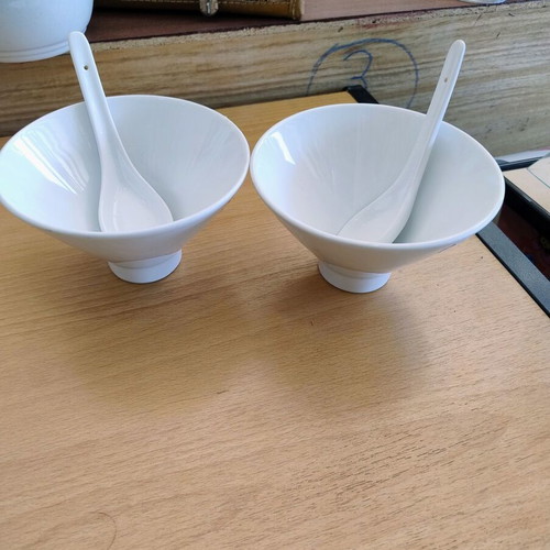Set of 2 ceramic soup bowls with ceramic spoons