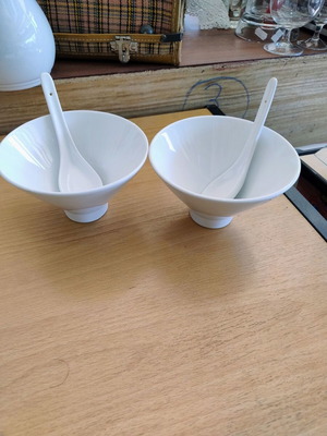 Set of 2 ceramic soup bowls with ceramic spoons