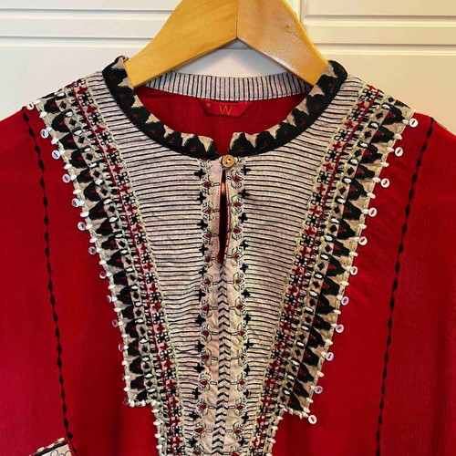 W Indian brand dress, red with decorative embroidery and tassels, size M