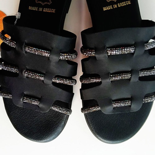 Bozikis Black Leather Sandals with Strass New Size 36