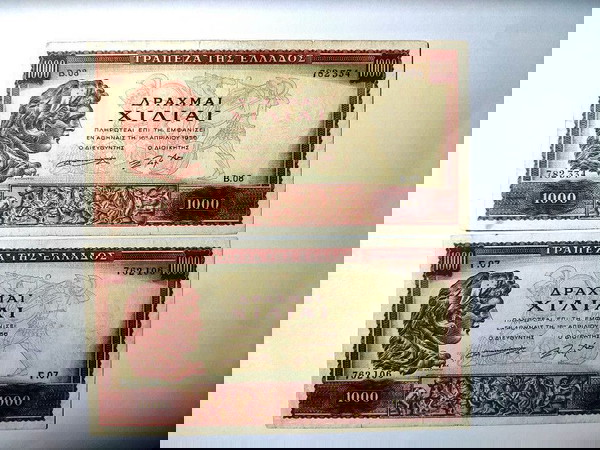 Ποικιλία 1.000 Δραχμές 1956 2 τεμάχια Δ Ε' Έκδοση υδατόσημο Αφροδίτη της  Κνίδου