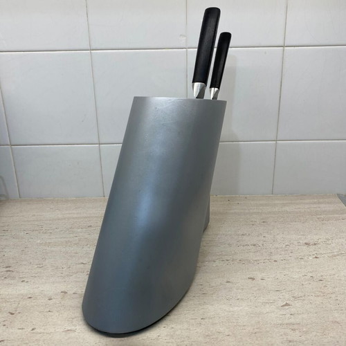 Cook wooden knife block used, silver metal color