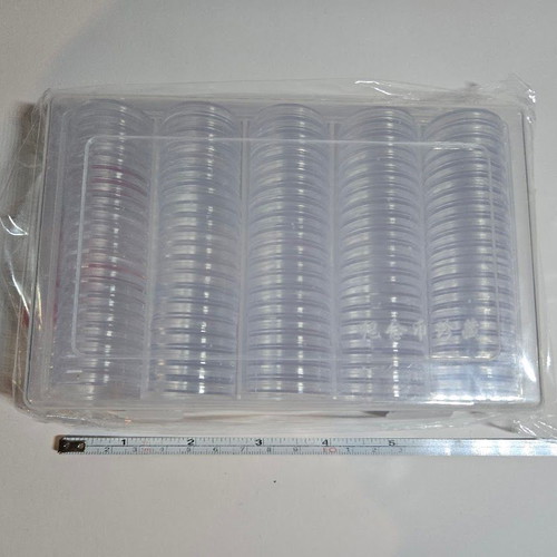 Plastic coin capsules 27 mm new, pack of 100 with storage box