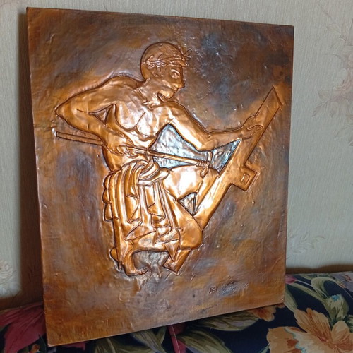 Copper embossed wall decor on wooden base, like new