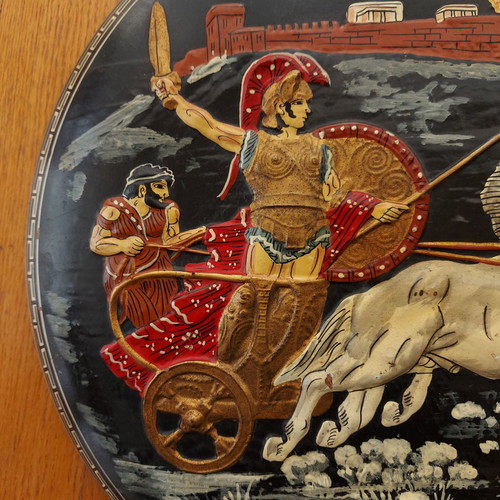 Antique collectible wall plate 42cm used, terracotta majolica Achilles Hector Troy