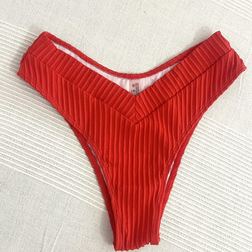 Coral high-waisted bikini with ribbed texture, medium