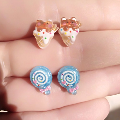 Hypoallergenic earrings pack of 2, teddy bear and lollipop