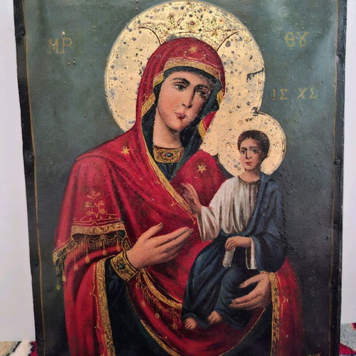 Icon of Theotokos with Christ Child used, oil on metal surface 1921