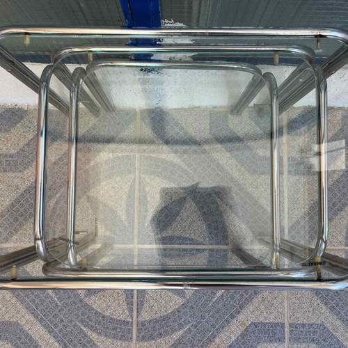 Set of 3 glass and metal coffee tables