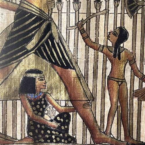 Handmade painting on Egyptian papyrus with frame used